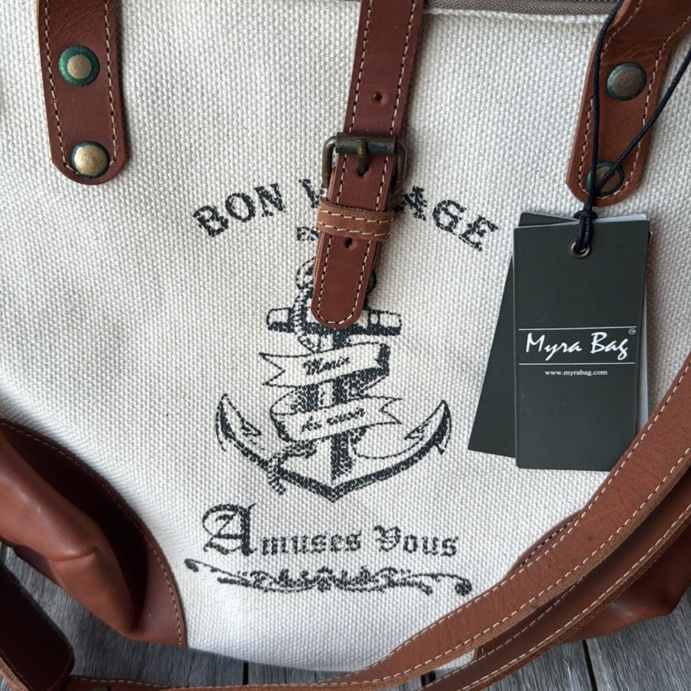 Myra Bag High Seas Upcycled Cream and Brown Anchor Shoulder Bag/Tote - Picture 2 of 13